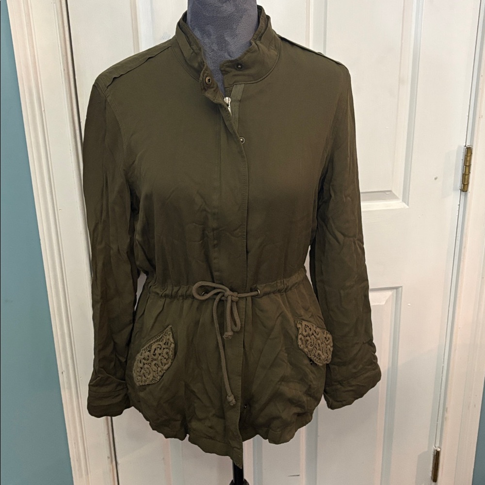 Utility Jacket in Olive/Army Green with Embroidery Details on Back and Pockets